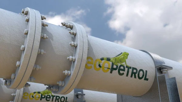 Petrol ve gaz boru hattının demirleme sistemini gösteren Ecopetrol Detaylı illüstrasyon, çelik silindir, demirleme ve mavi gökyüzü arkaplanının yer aldığı.