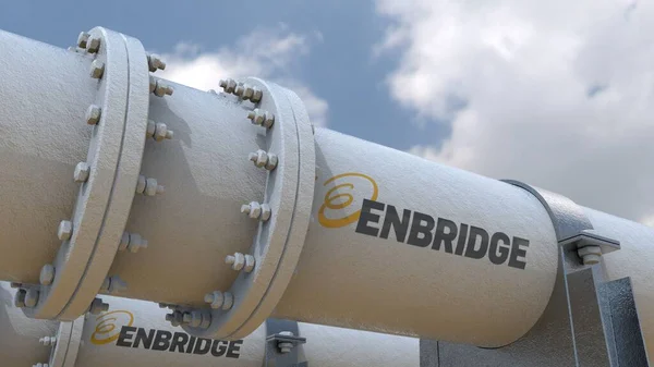 Enbridge Illustration, bir petrol ve gaz boru hattının çelik silindirini mavi gökyüzü arka planına karşı sergiliyor..
