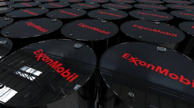 Exxon Mobil endüstriyel petrol depolama dünyasını keşfediyor. Animasyon metal varilleri şirket logonuzu sergiliyor..
