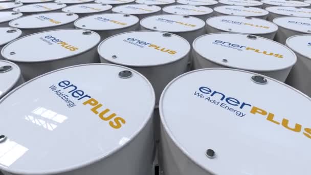 Barriles Metal Enerplus Movimiento Fabricación Petroquímica Con Logotipo Empresa — Vídeos de Stock