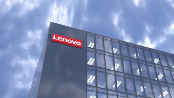 Lenovo Primer Plano Del Logotipo Corporativo Blue Sky — Vídeos de Stock