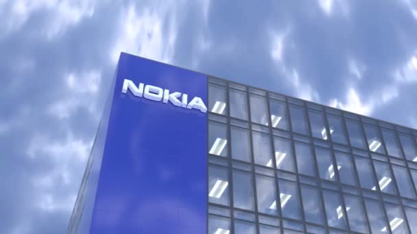 Nokia Corporate Logo Close Headquarters Blue Sky — Stock video