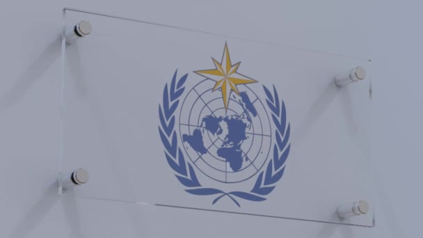 World Meteorological Organization Wmo Αφηρημένο Λογότυπο Σημαίας Στο Επιχειρηματικό Τείχος — Αρχείο Βίντεο