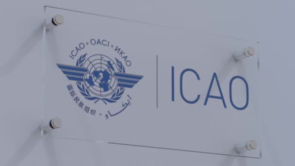 Internationella Civila Luftfartsorganisationen Icao Minimalistisk Flagglogotyp För Transparenta Glasytor — Stockvideo