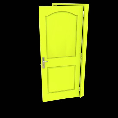 Sarı kapı. Beyaz izole edilmiş bir arkaplana karşı açılan bir portal..