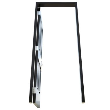 Siyah kapı. Aydınlatılmış bir kapı. İzole bir beyaz yüzey üzerinde sunuluyor..