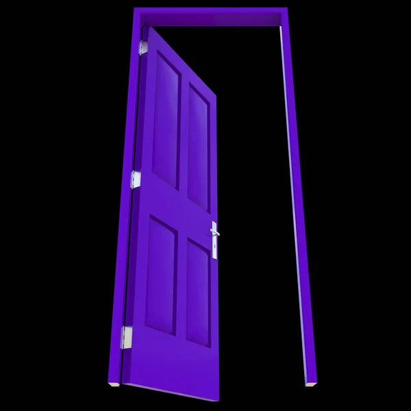 Purple door A portal that has been uncovered positioned against a white isolated backdrop.
