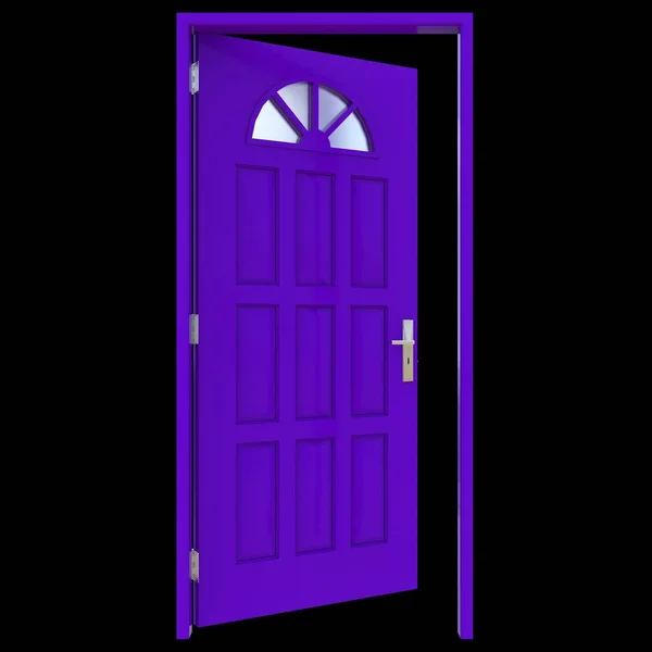 Purple door A door that is wide open depicted in a pure white isolated environment.
