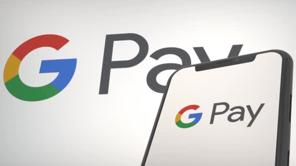 Google Pay App Logotyp Mobila Bildskärmen Och Bakgrundsredigering — Stockvideo