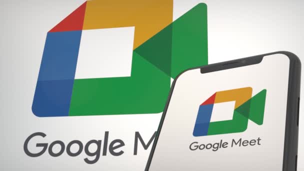Google Meet App Logotyp Mobila Bildskärmen Och Bakgrundsredigering — Stockvideo