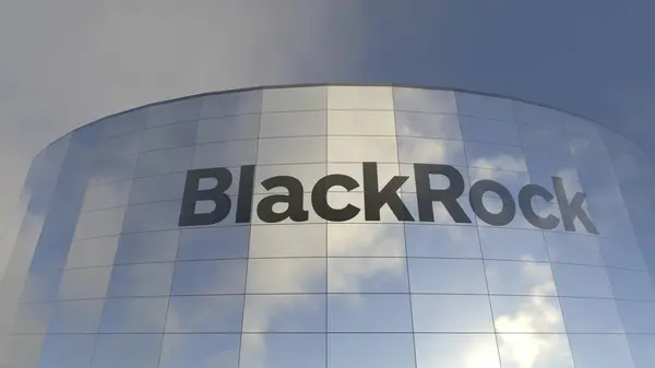 ブラックロックのロゴ 企業の反射 資本主義のアイコニックなガラス塔 企業の世界の壮大さと力を反映したガラス塔 ストックフォト