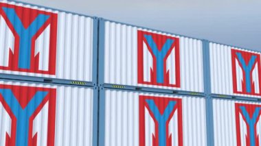 Yang Ming amblem logosu ve bayrağı taşıyan ticaret rotaları nakliye konteynerleri