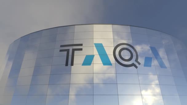 Taqa Logo Riflessioni Aziendali Iconica Torre Vetro Del Capitalismo Imponente — Video Stock