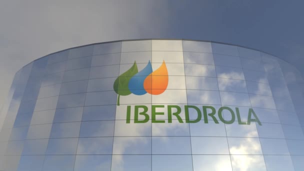 Logotipo Iberdrola Global Business Hub Una Cautivadora Vista Torre Vidrio — Vídeo de stock