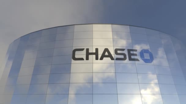 Jpmorgan Chase Logo Företagsreflektioner Kapitalismens Ikoniska Glastorn Ett Imponerande Glastorn — Stockvideo