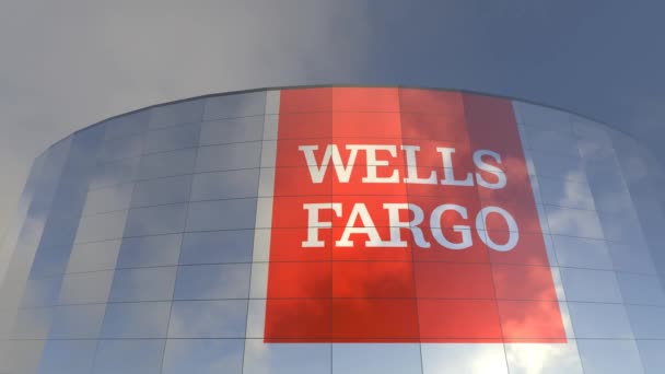 Logo Wells Fargo Global Business Hub Captivating View Glass Tower — Stok Video