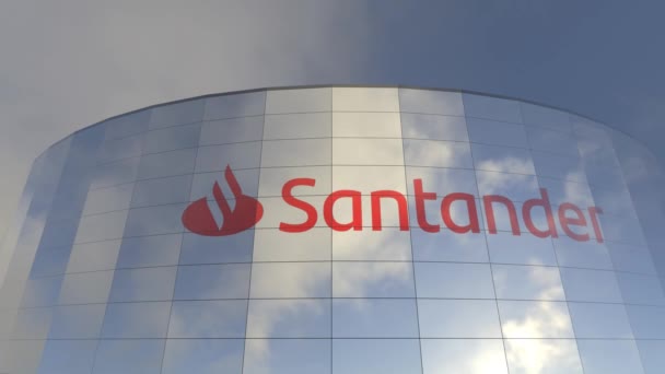 Logo Santander Nowoczesna Panorama Miasta Symbol Wielonarodowego Biznesu Nowoczesna Panorama — Wideo stockowe