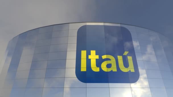 イタリアンタコのロゴ 企業の反射 資本主義のアイコニックなガラス塔 企業の世界の壮大さと力を反映したガラスタワー — ストック動画