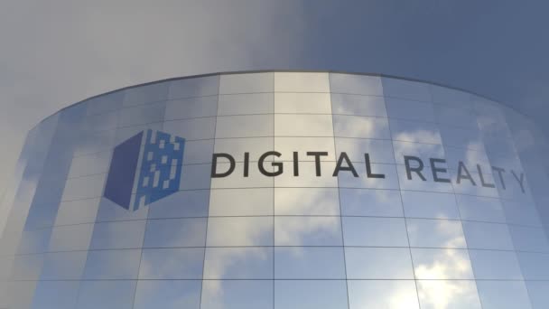 Logotipo Digital Realty Reflexões Corporativas Torre Vidro Icônica Capitalismo Uma — Vídeo de Stock