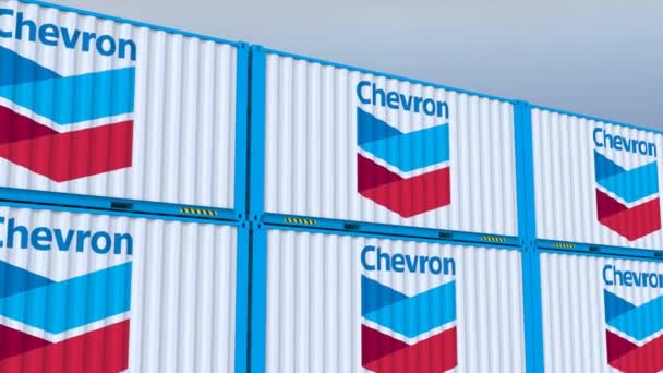 Λογότυπο Της Chevron Proudly Representing Shipping Containers Εμφάνιση Λογοτύπου Και — Αρχείο Βίντεο