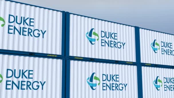 Duke Energy Logo Gemarkeerd Voor Succes Verzending Containers Showcasing Emblem — Stockvideo
