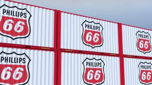 菲利普斯66号标志自豪地代表集装箱展示标志和旗帜 — 图库视频影像