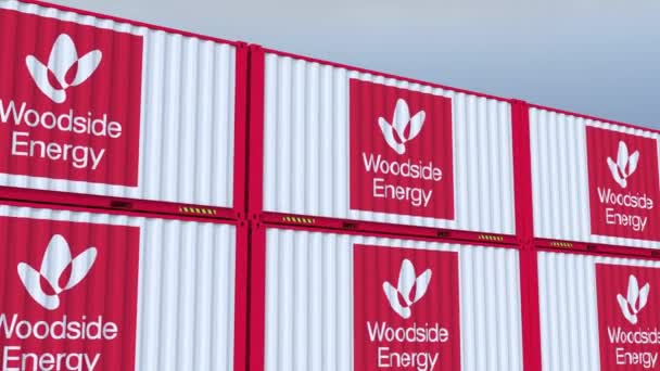 Woodside Energy 무역의 세계에서 로고와 깃발을 안내하는 — 비디오