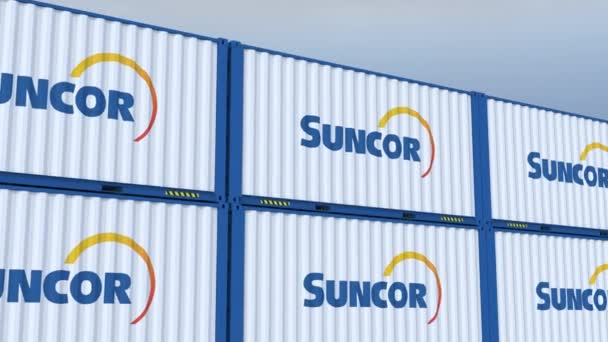 Logo Suncor Energy Symboliczne Kontenery Logo Flaga Oznaczające Handel Światowy — Wideo stockowe