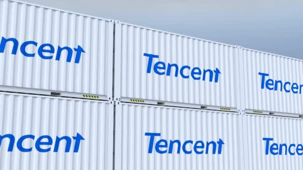 Logotipo Tencent Flagged Success Shipping Containers Mostrando Logotipo Emblema — Vídeo de Stock
