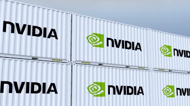 Nvidia Logotyp Flagga Som Representerar Internationell Handel — Stockvideo