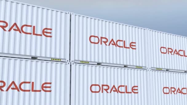 Логотип Oracle Значки Глобальної Торгівлі Логотип Прапор Металевих Контейнерах Доставки — стокове відео