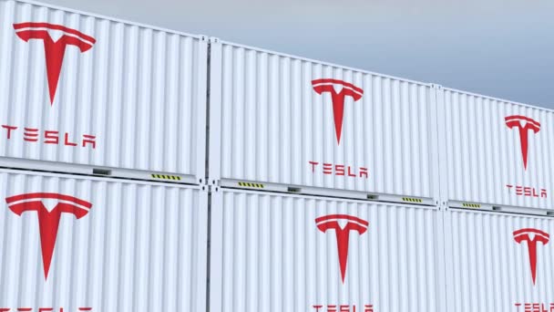 Tesla Logotipo Caixas Metal Marcadas Com Logotipo Identidade Bandeira Adornada — Vídeo de Stock