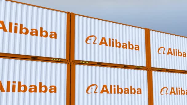 Alibaba Logó Zászló Nemzetközi Kereskedelmi Embléma Logó Zászló Fém Konténerek — Stock videók