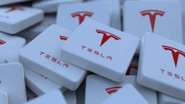 Tesla logo küp şirketi arka planı 3d illüstrasyon borsa editoryel