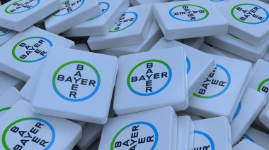 Bayer logo küp şirketi arka planı 3d illüstrasyon borsa editoryel