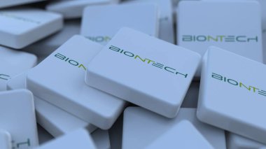 BiyoNTech logo kübü şirketinin arka planı 3d illüstrasyon borsa editörü