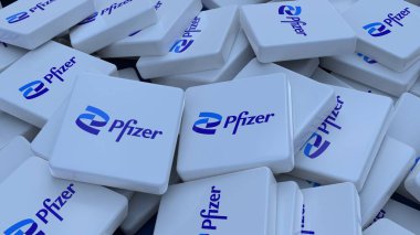 Pfizer logo kübü şirketinin arka planı 3d illüstrasyon borsa editörü