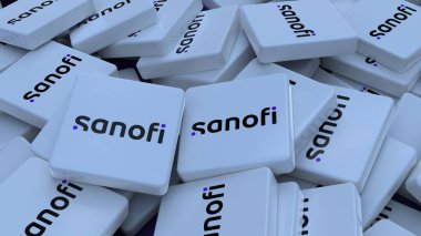 Sanofi logo kübü şirketinin arka planı 3 boyutlu illüstrasyon borsa editörü