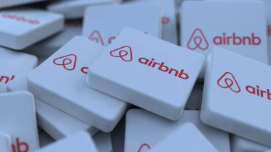 Airbnb logo küp şirketi arka planı 3d illüstrasyon borsa editörü