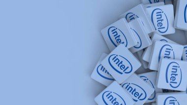 Intel logo küp şirketi arka planı 3d illüstrasyon borsa editoryel