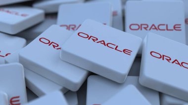 Oracle logo kübü şirketinin arka planı 3 boyutlu illüstrasyon borsa editörü