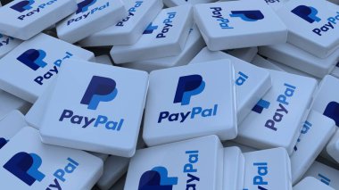 PayPal logo kübü şirketinin arka planı 3d illüstrasyon borsa editörü