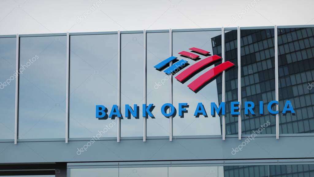 Bank of America Stock data presented on the logo of the office facade editorial
