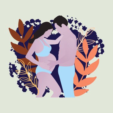 Ortağına hamile bir kadın. Mutlu bir ilişki ve bebek konsepti. Genç adam güzel hamile karısına sarılıyor. Genç anne ve baba bebeği bekliyor. Sevdiklerine sevgi ve ilgi.