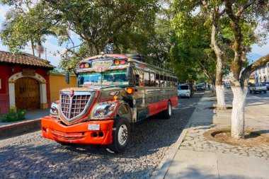 Antigua Guatemala sokaklarında koşan halk tavuk otobüsü