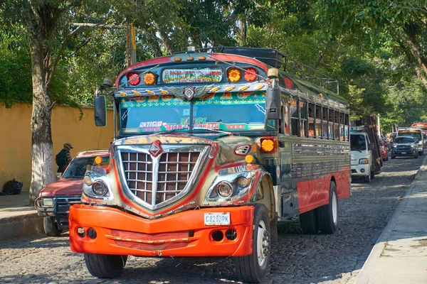 stock image Chicken bus running in Antigua Guatemala