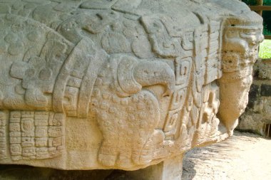 Guatemala 'daki Quirigua arkeoloji sahasındaki Maya taş heykeli.