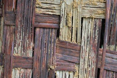 Dokuma bambu ve ahşap doğal kahverengi ve bej tonlarıyla eskimiş ve rustik arka plan. Geleneksel, el yapımı bir duvar dokusu organik, doğal bir estetik için mükemmel..