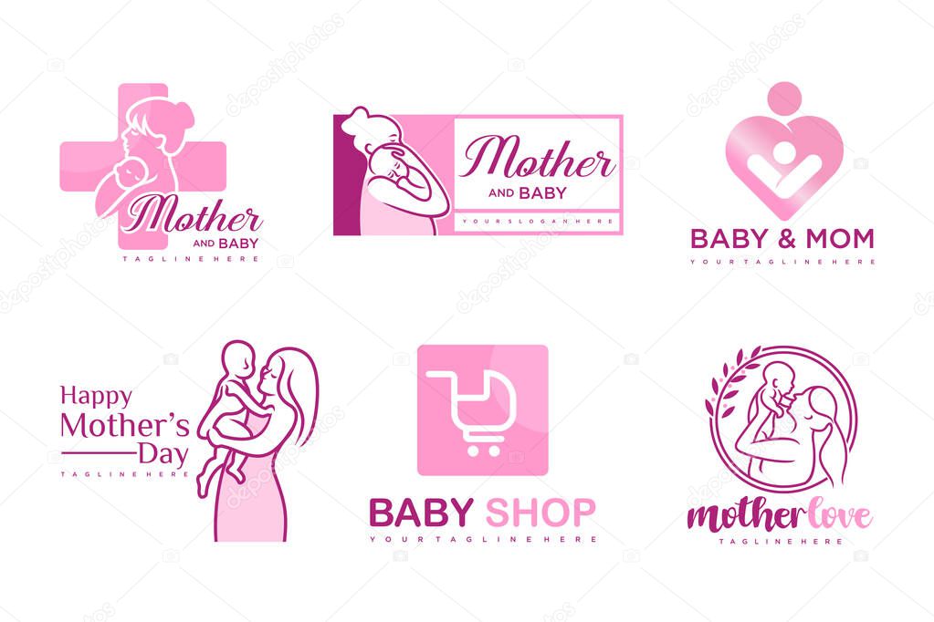 Happy baby and mother icon set logo design.badges for children store & baby care center.illustration
