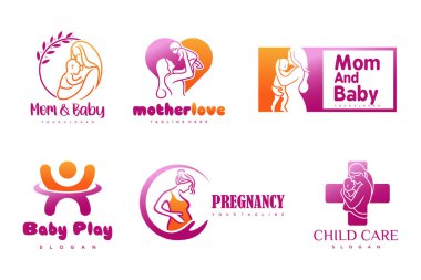 Mutlu bebek ve anne simgesi logo dizaynı. Çocuklar için rozetler & bebek bakım merkezi. İllüstrasyon